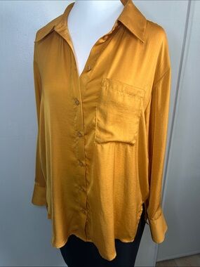 Open Edit Women’s Satin Golden Mustardy Yellow Button-Down Blouse